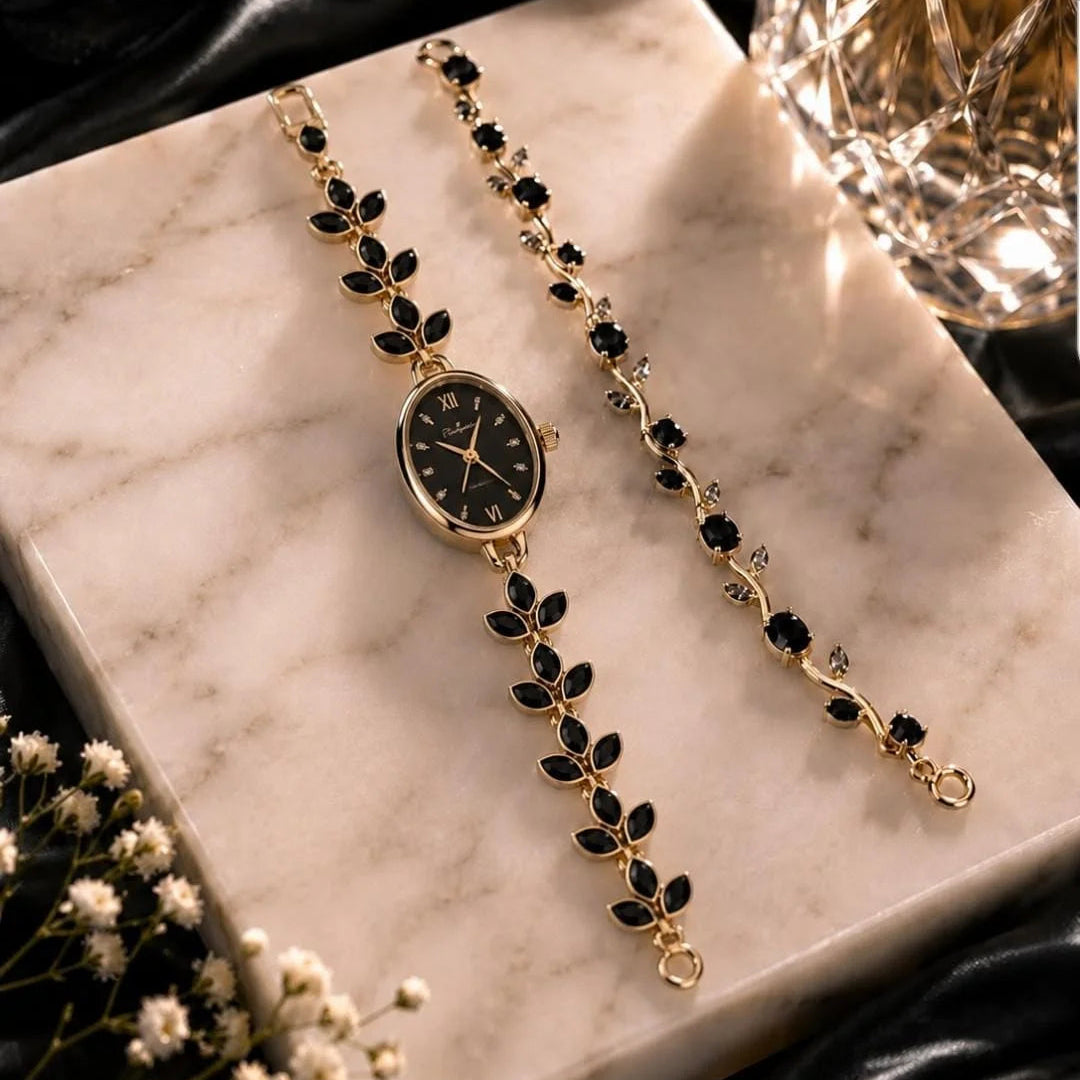 Fancy Beautiful Mira Design Stone Watch Plus Trending Tulip Hand Bracelets For Her - With Box