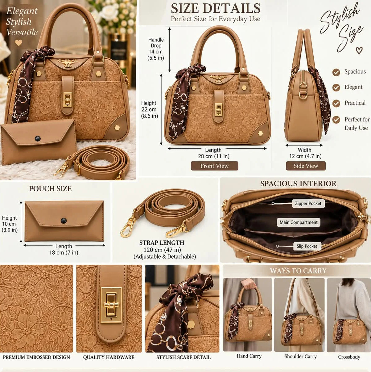 CHENAL Womens Embossed Floral Handbag - 3 Piece Set