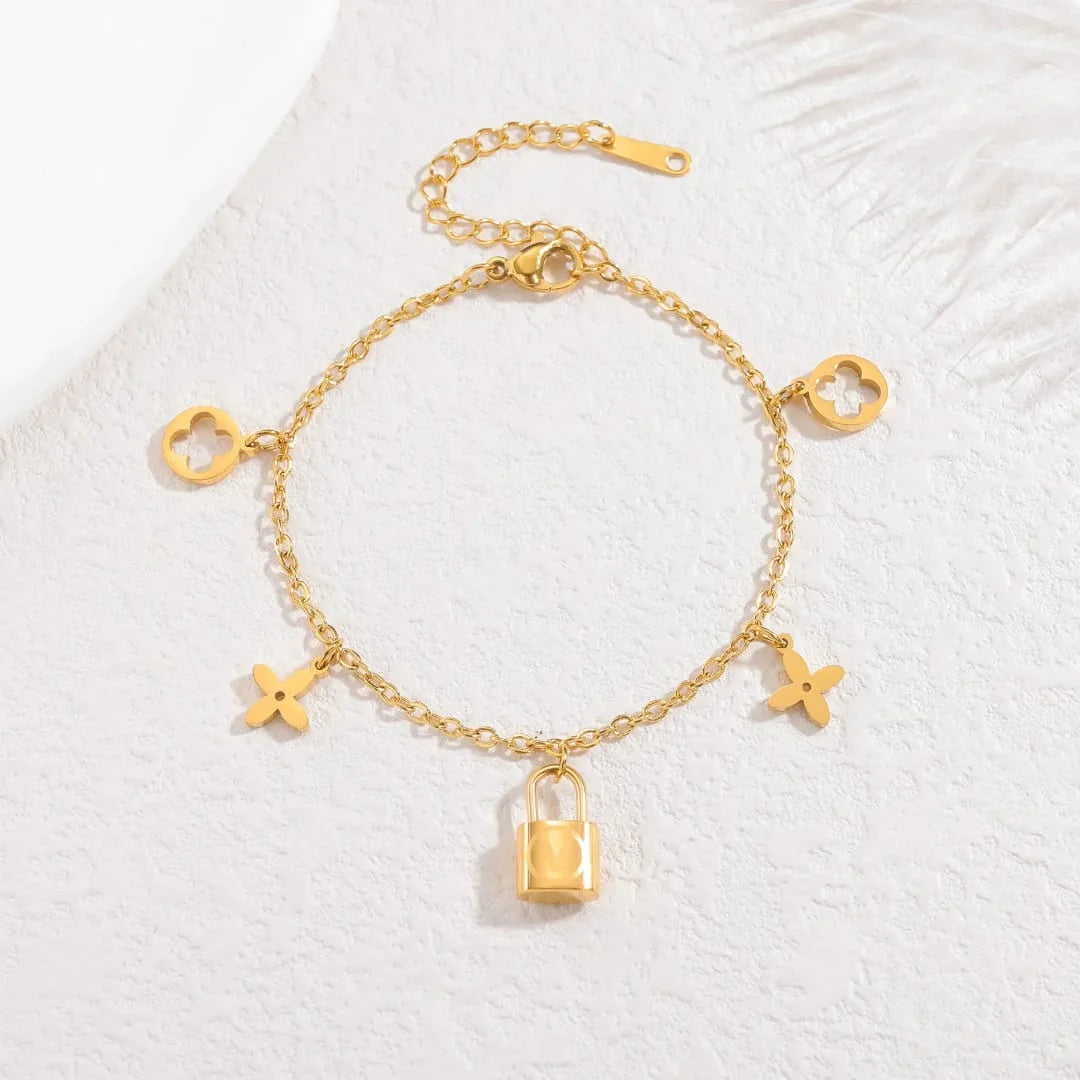 Stainless Steel Lock Charm Bracelet with Clover & Flower Design