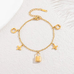 Stainless Steel Lock Charm Bracelet with Clover & Flower Design