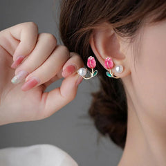 Stainless Steel Pink and Purple Tulip Pearl Earrings For Girls - Each Pair