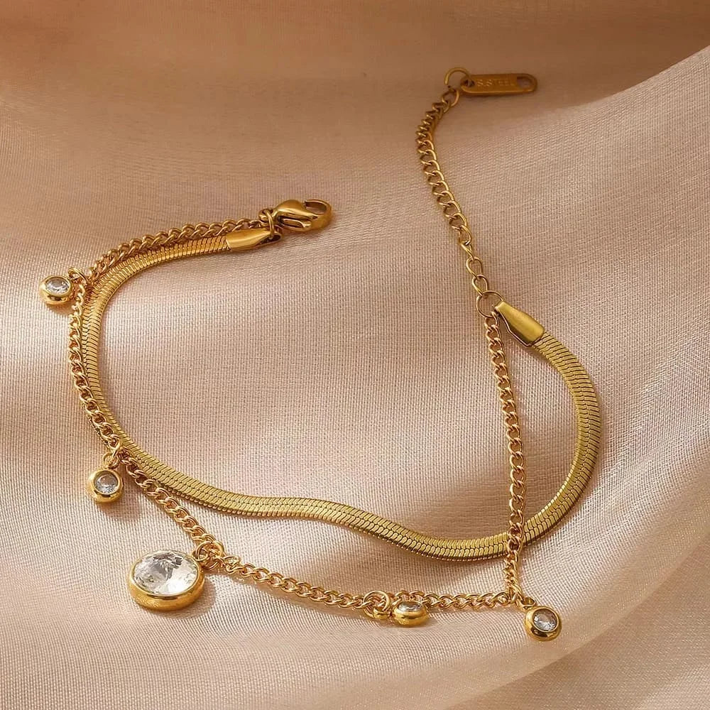 Stainless Steel Double-layer Stacked Round Diamond Bracelet - Each