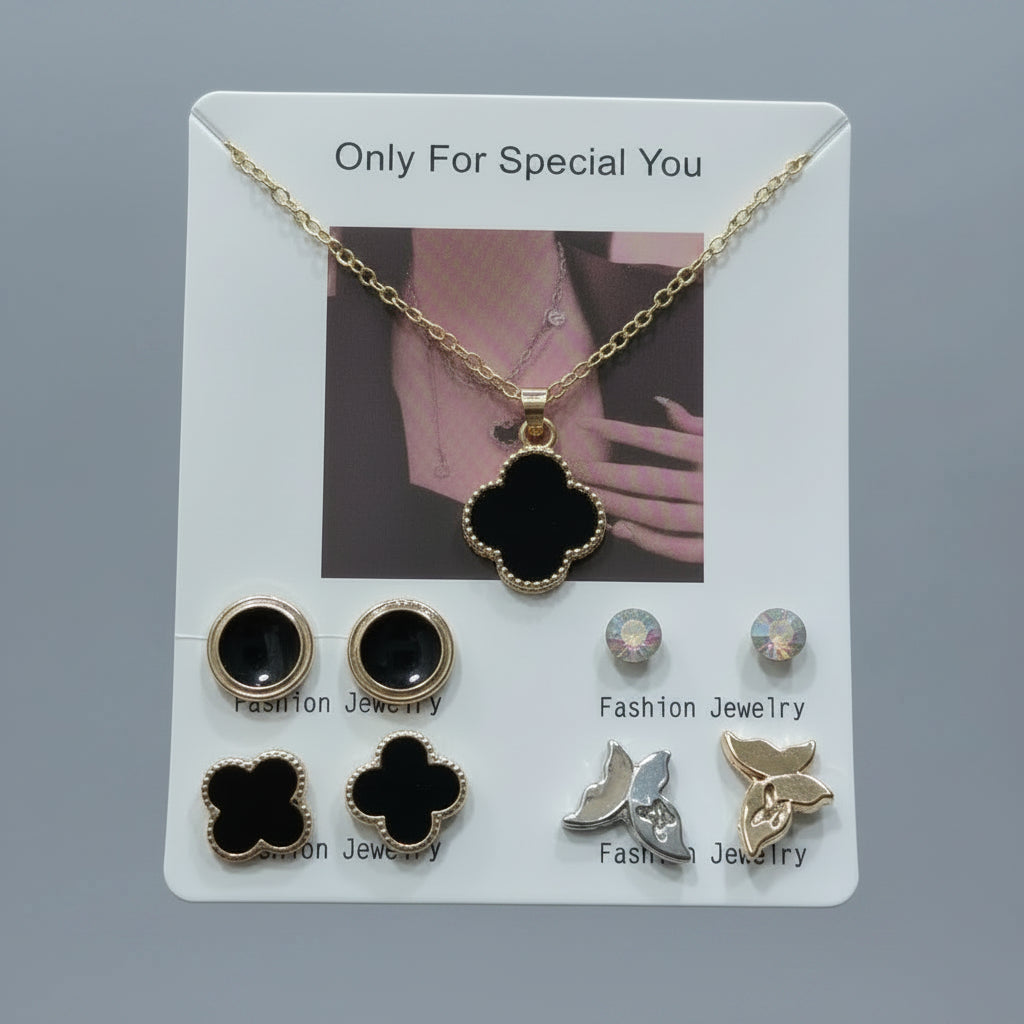 Four Leaf Clover Pendant Necklace and Earrings Jewelry Set