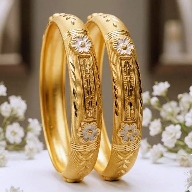 Elegant Gold Plated Floral Carved Bangle Pair