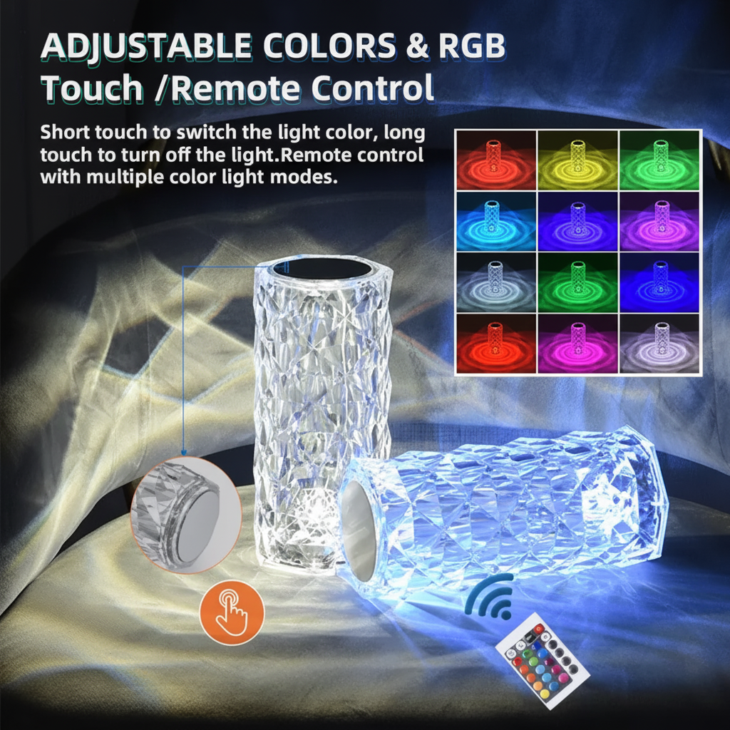 Diamond Rose Crystal Lamp 16 Color Changing with remote