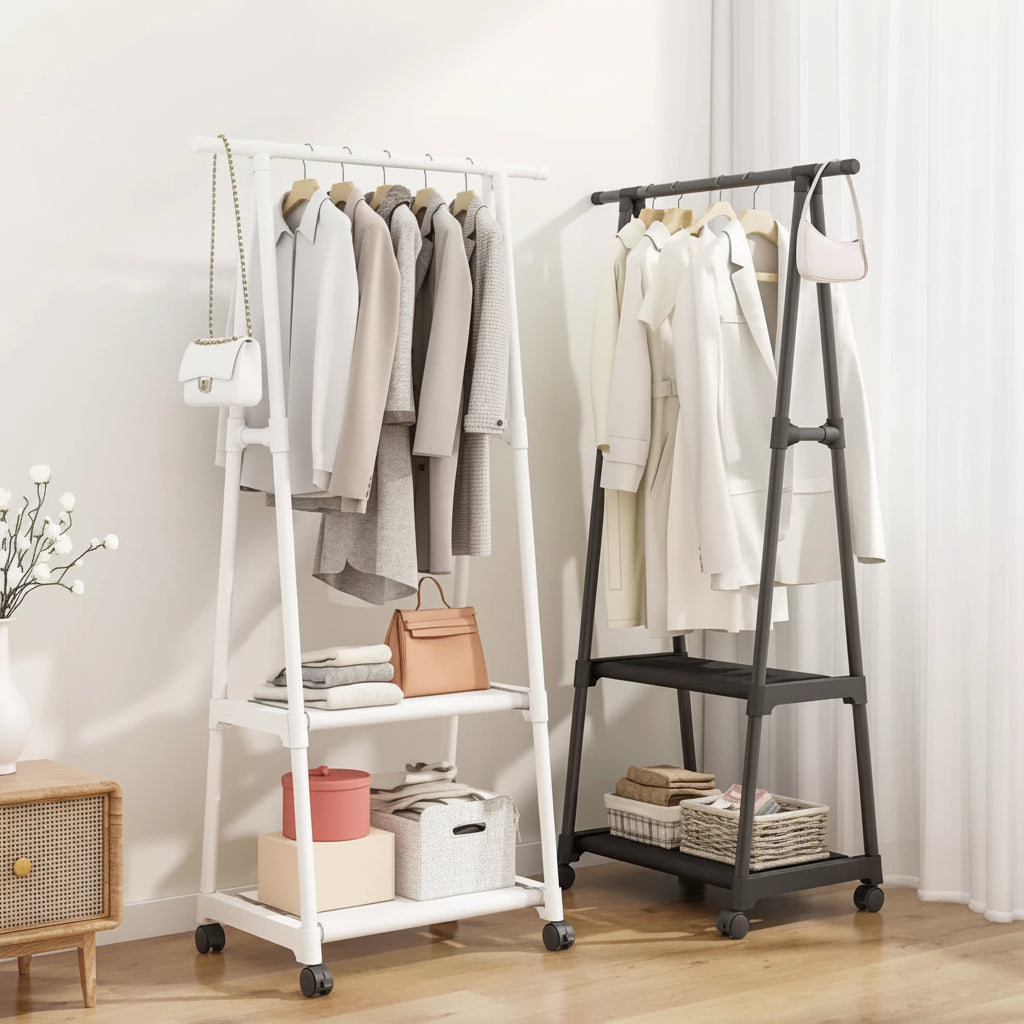 Metal Clothes Rack with Shelves and Rolling Wheels