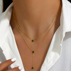 Stainless Steel Green Zirconium Decorated Multi-layered Y-shaped Necklace - Each