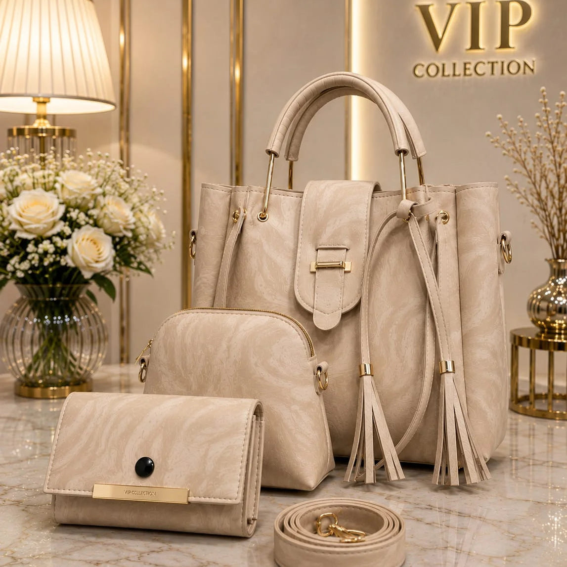 VIP Collection Brown 3-Piece Handbag Set