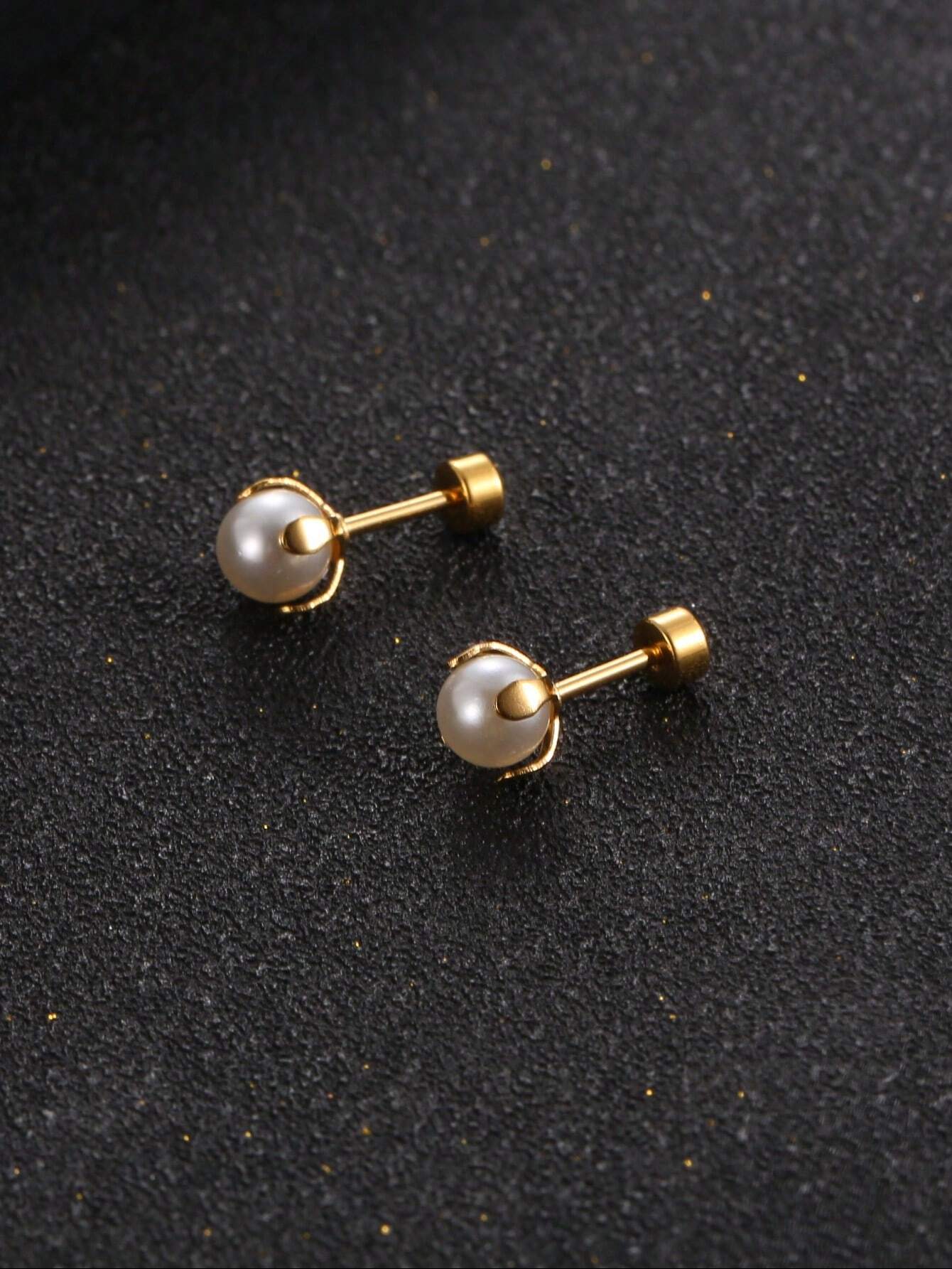 Stainless Steel Faux Pearl Decor Stud Earrings - Each Pair