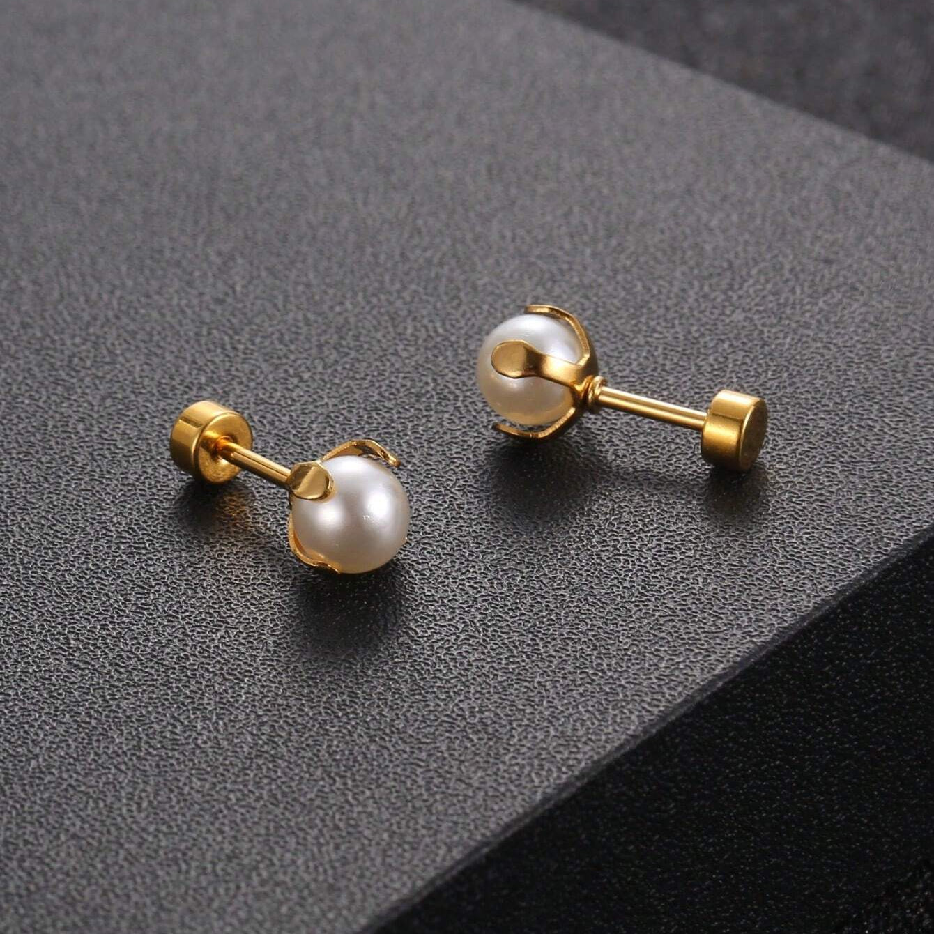 Stainless Steel Faux Pearl Decor Stud Earrings - Each Pair