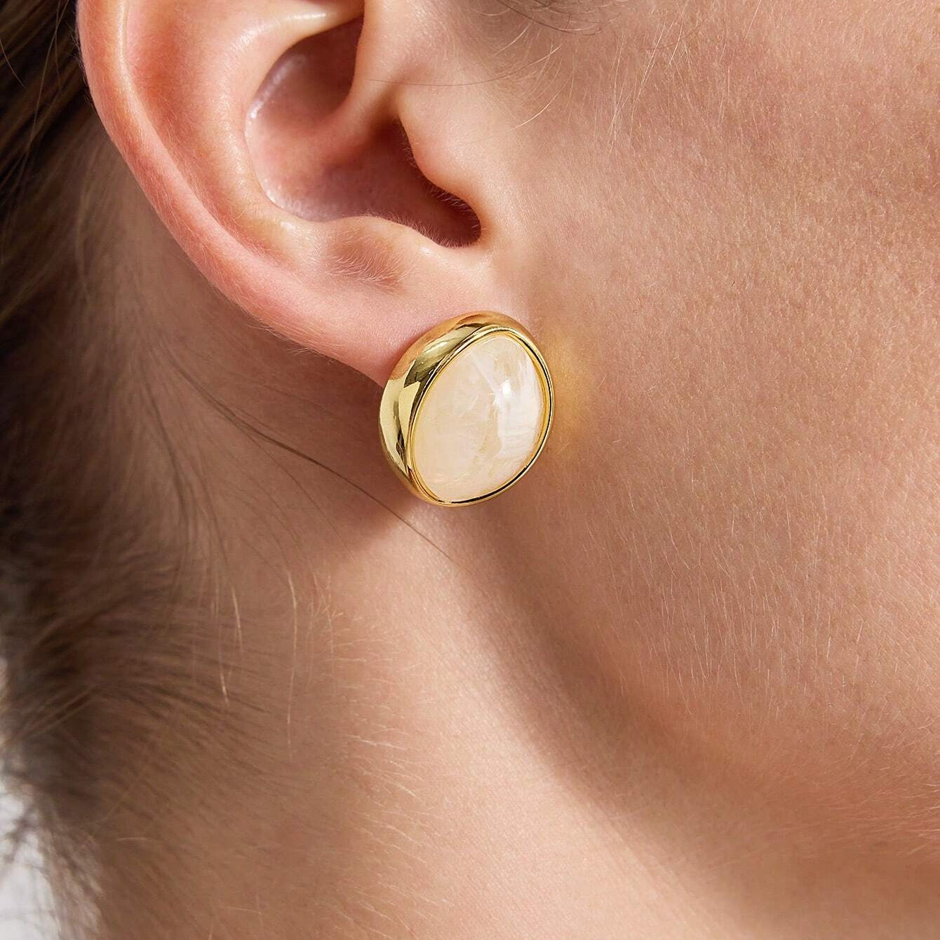 Stainless Steel Minimalist Gold Studs - Cream Cabochon