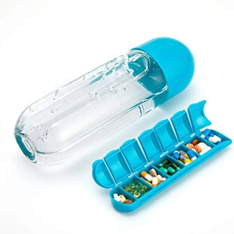 Water Bottle with Weekly Pill Organizer & Detachable Cup