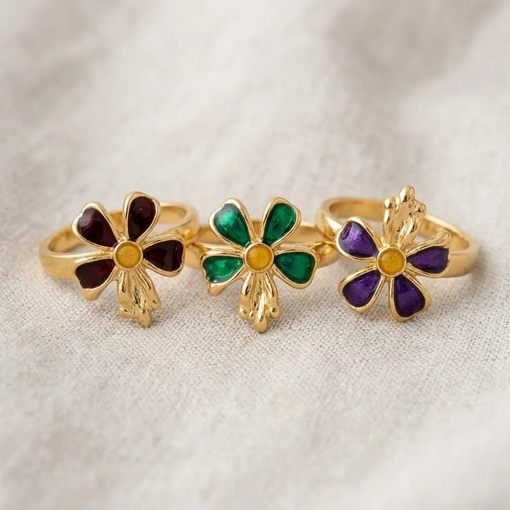 Golden Enamel Floral Ribbon Ring