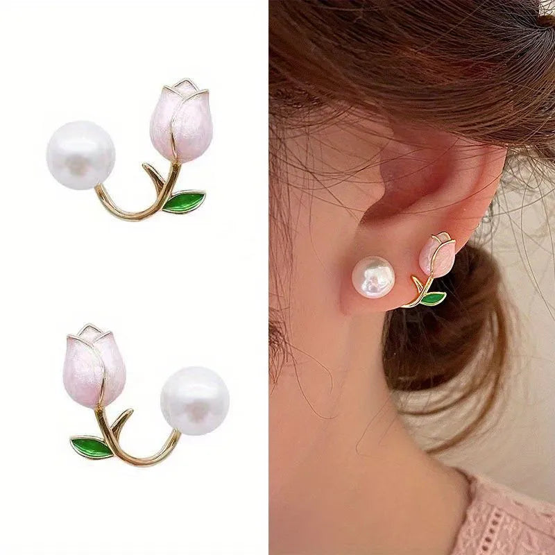 Delicate Tulip Flower Earrings With White Faux Pearl