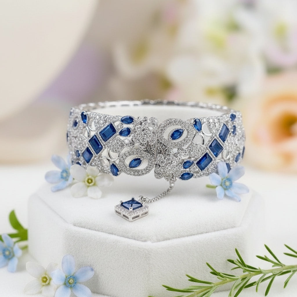 Stainless Steel Ornate Filigree Bracelet - Sapphire and Diamond - Each