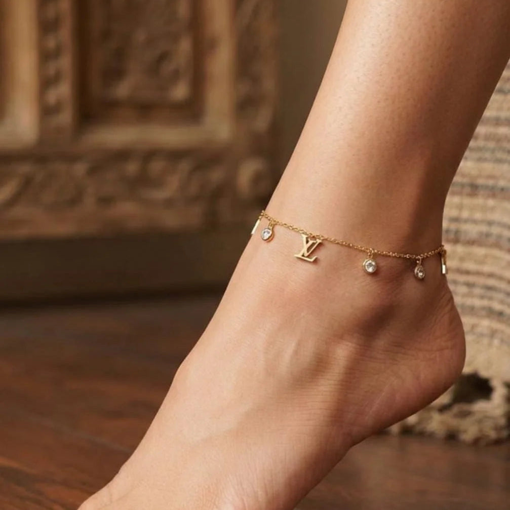 Stainless Steel Luxe Monogram Charm Anklet - Gilded Gold - Each