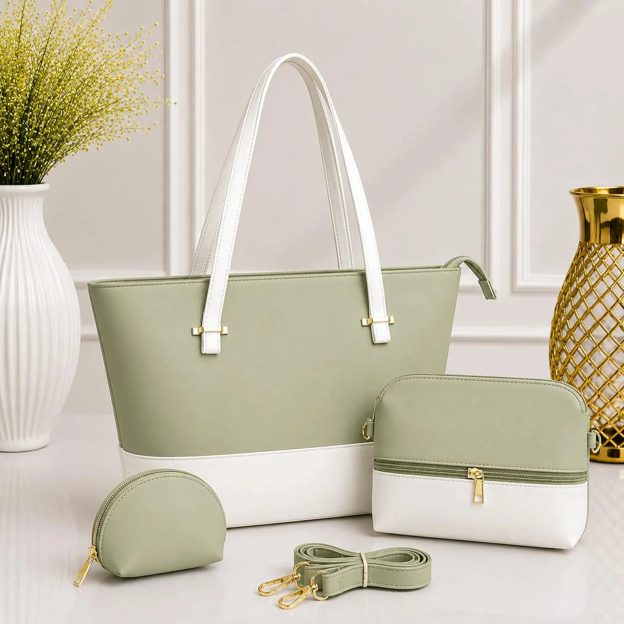 Dual Tone Leather Shoulder Tote Bag - 3 Piece Set