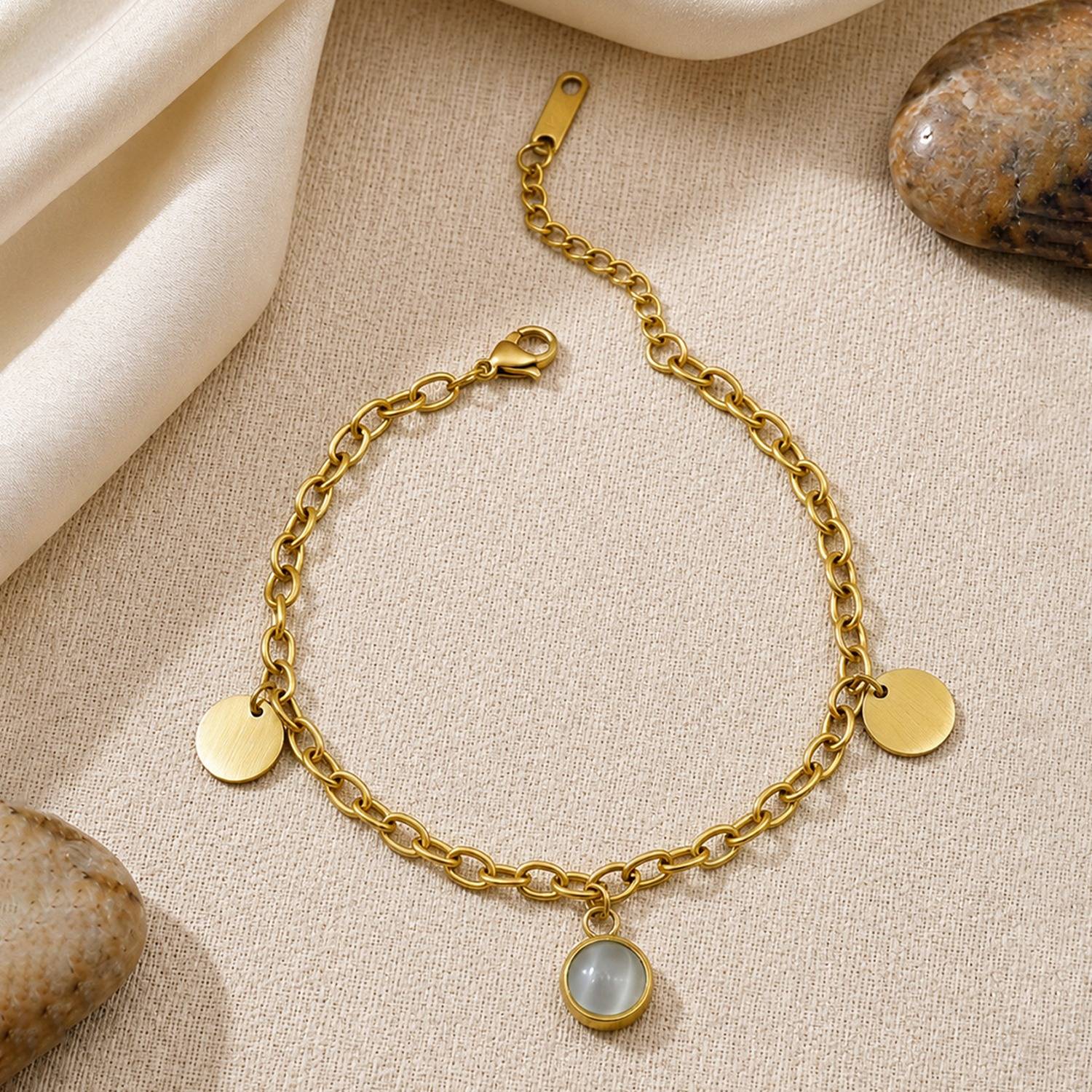 Stainless Steel Minimalist Gold Coin & Pearl Charm Anti-Tarnish Bracelet - Each