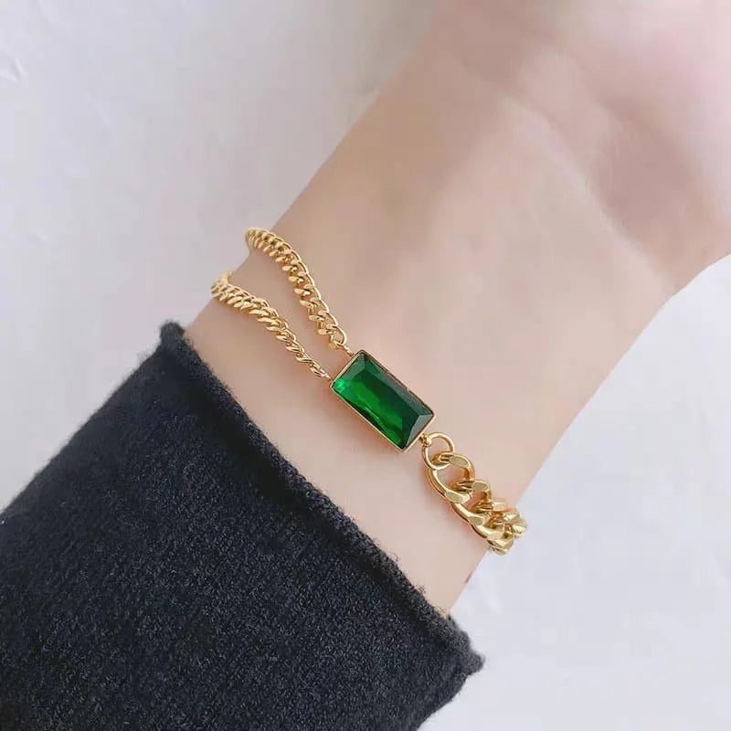 Stainless steel Green Square Charm Bracelet  - Each