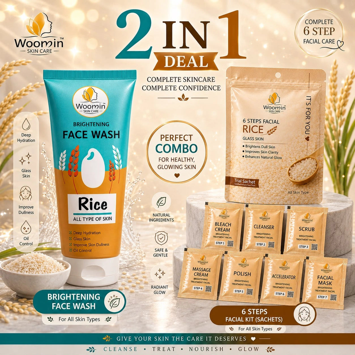 Woomin Skin Care Rice Brightening Face Wash and 6-Step Facial Kit 2-in-1 Deal