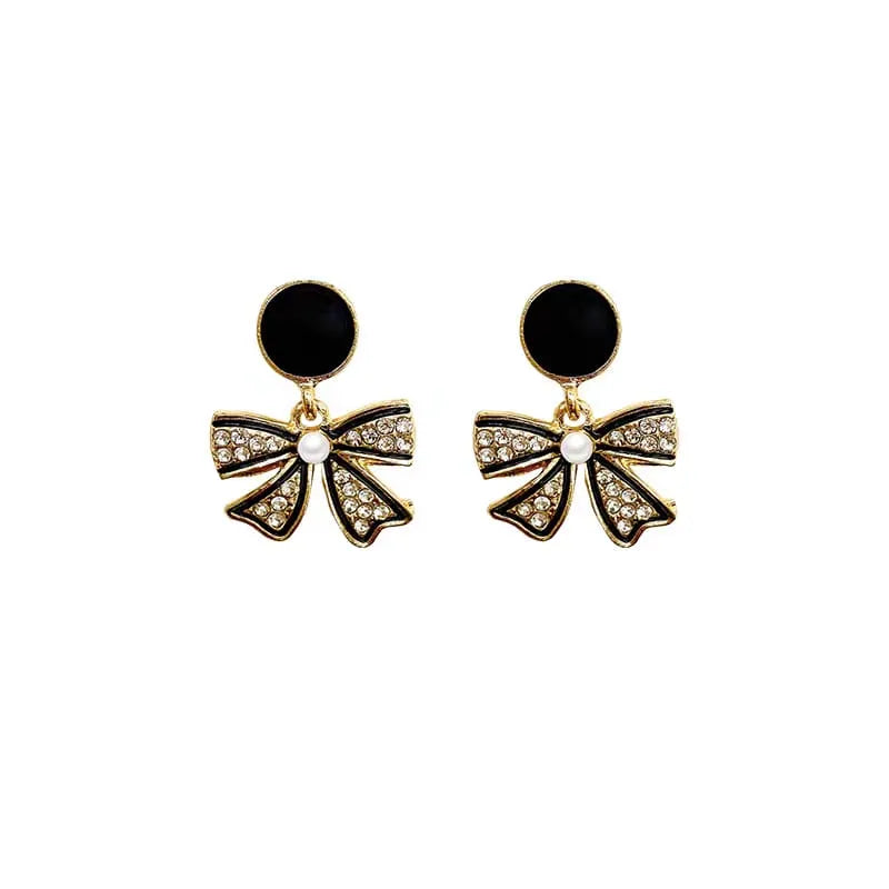 Rhinestone Bow Black Round Stud