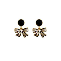 Rhinestone Bow Black Round Stud