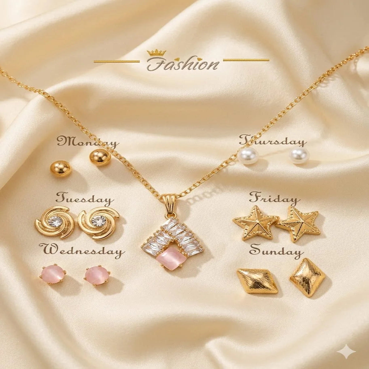 Seven Days of the Week jewelry gift set with necklace and matching stud earrings