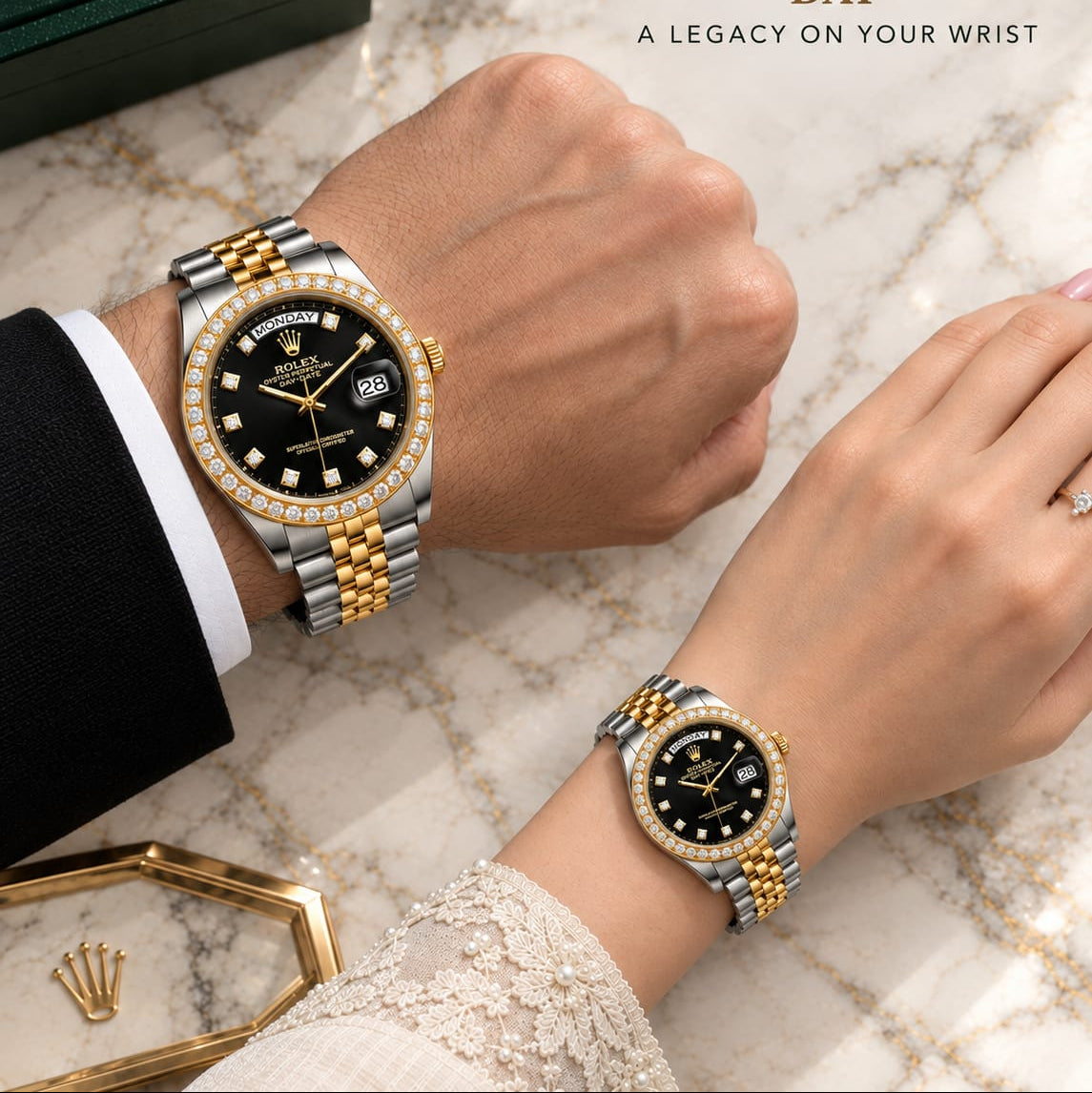 ROLEX Couple Watches Set – Arabic Dial, Day & Date Display, Steel Chain and Master Crown Lock