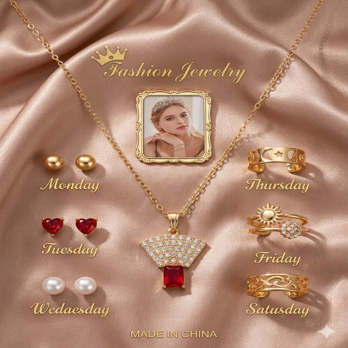 Seven Days of the Week jewelry gift set with necklace and matching stud earrings