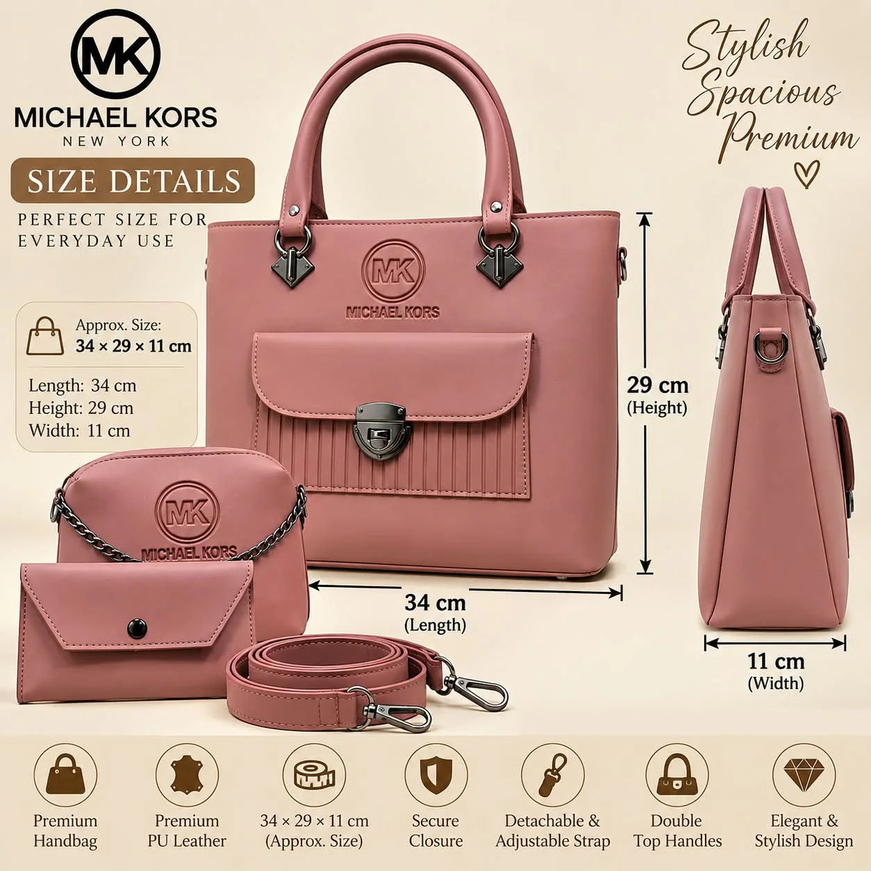 Michael Kors Handbag Set with Crossbody Pouch and Wallet - 3 Piece