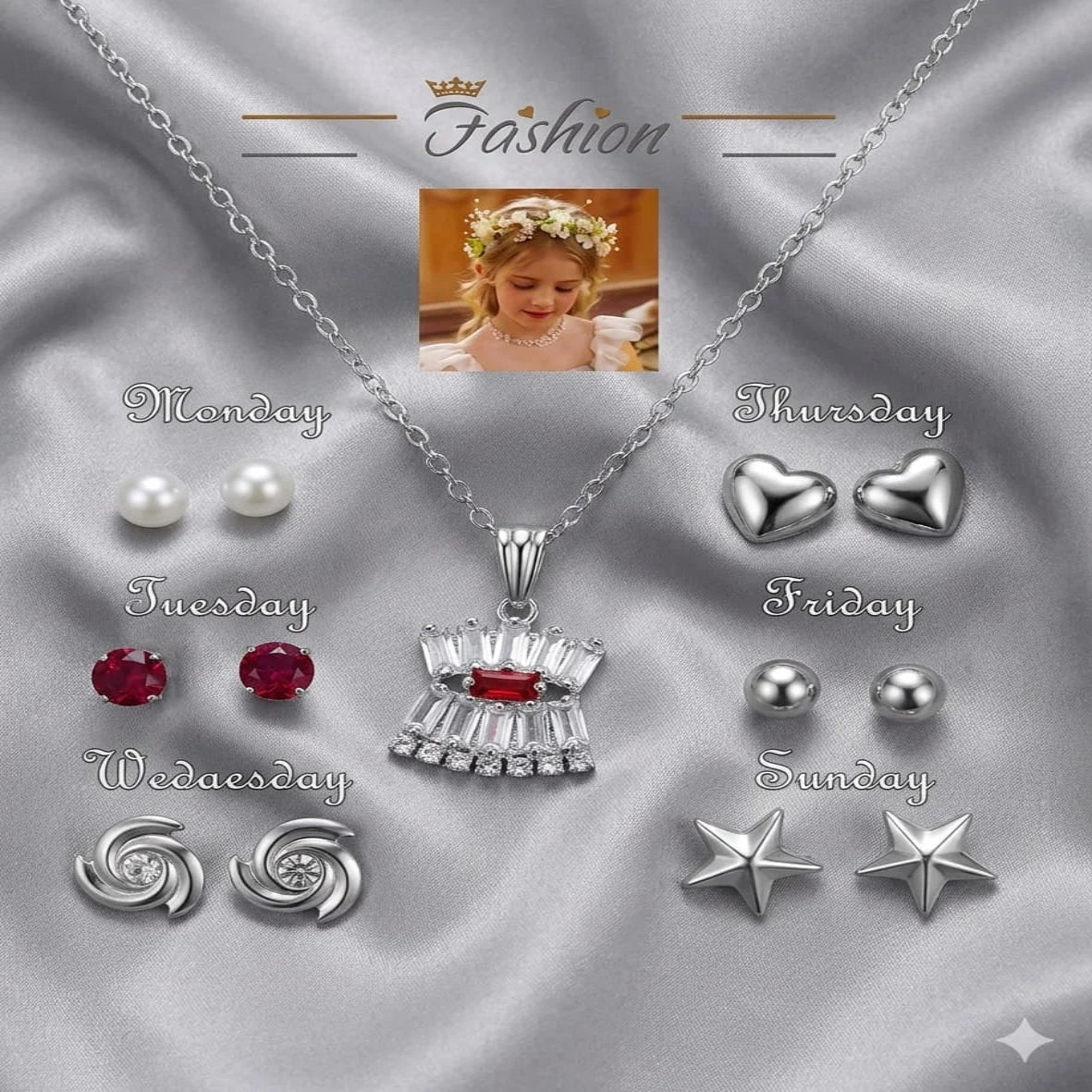 Seven Days of the Week jewelry gift set with necklace and matching stud earrings