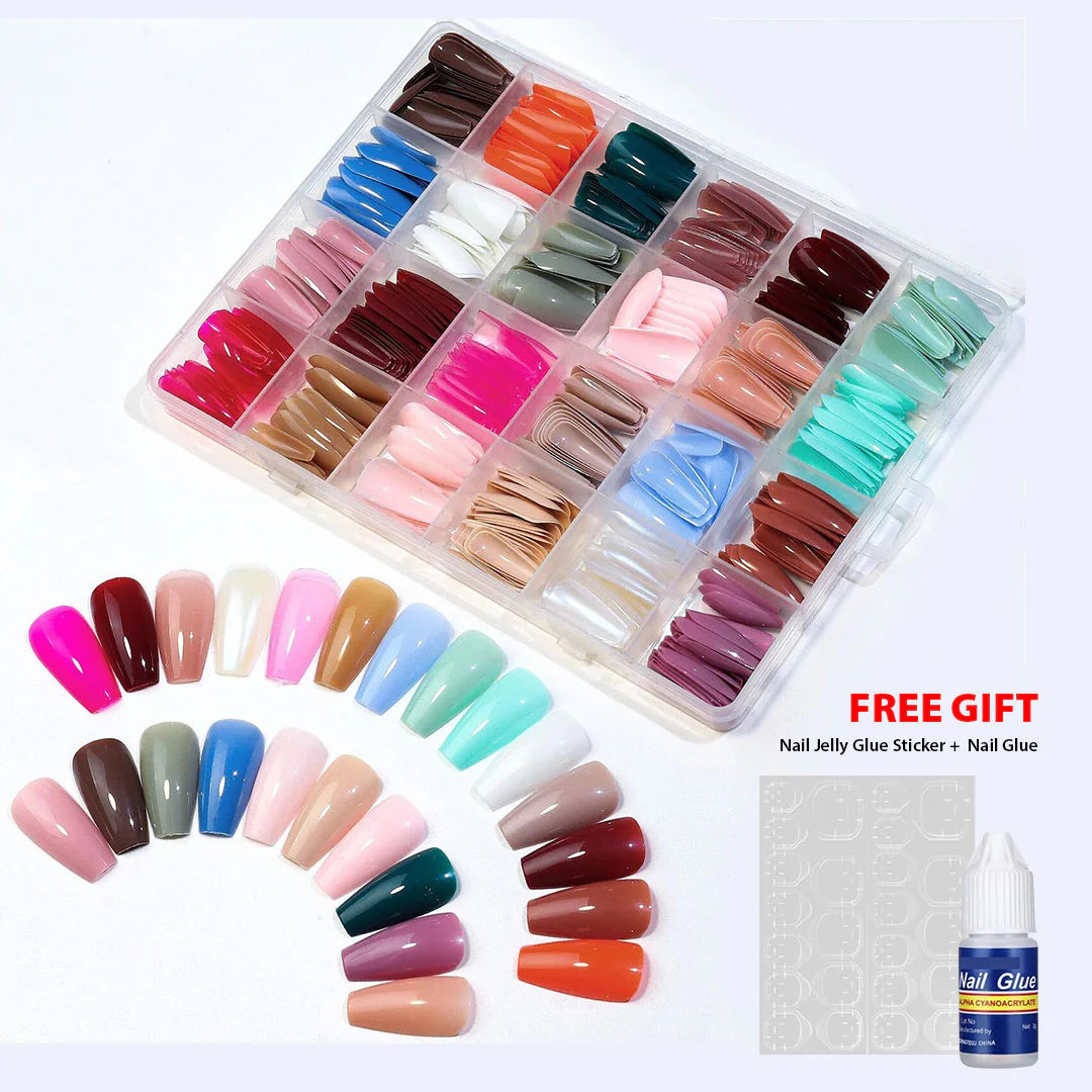 576Pcs False Nails Tips Short Coffin Almond French Artificial Nails Box (with Free Nail Jelly Glue Sticker + Nail Glue))