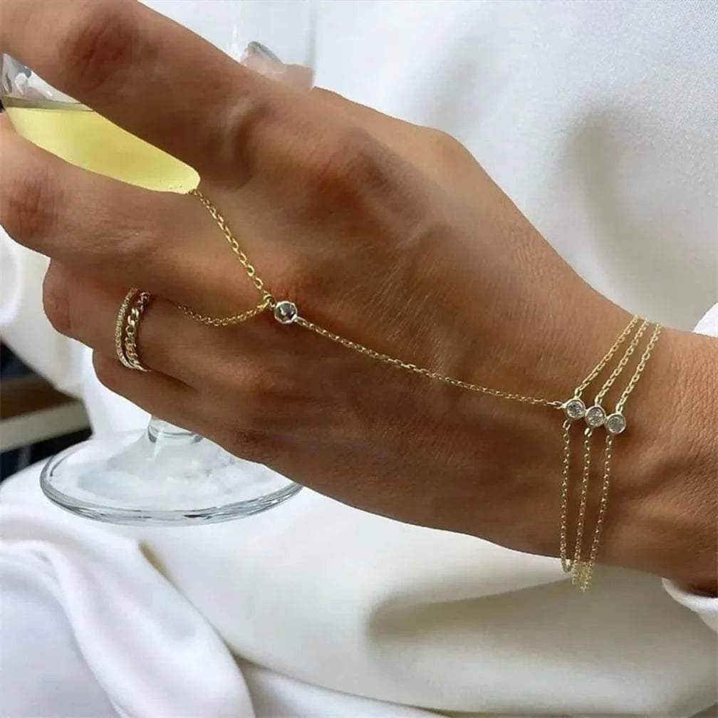 Gold Bezel Zircon Hand Chain Harness Bracelet