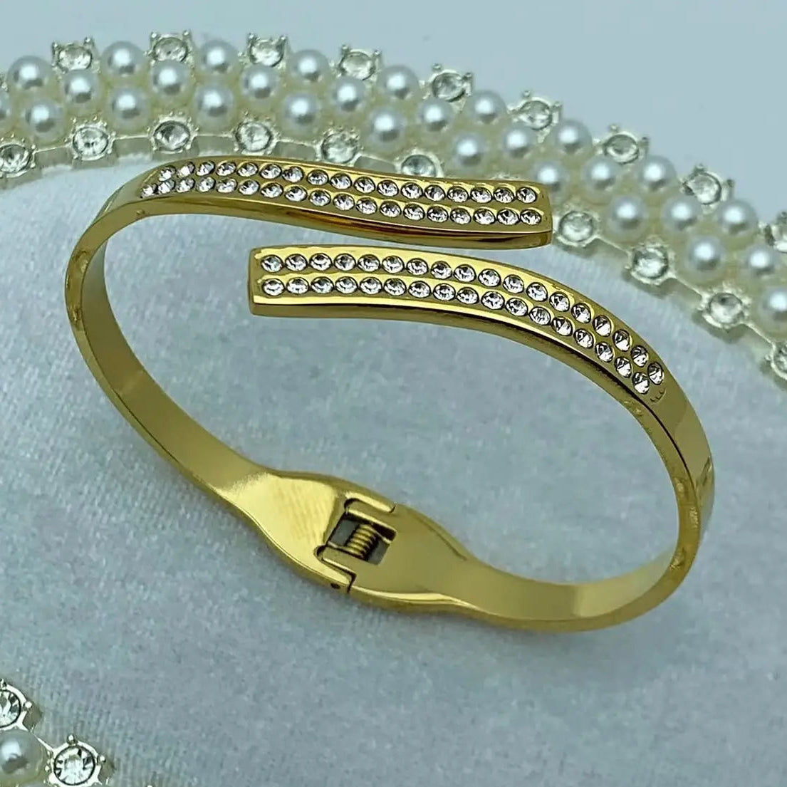 Gold Rhinestone DoubleRow Open Cuff Bangle