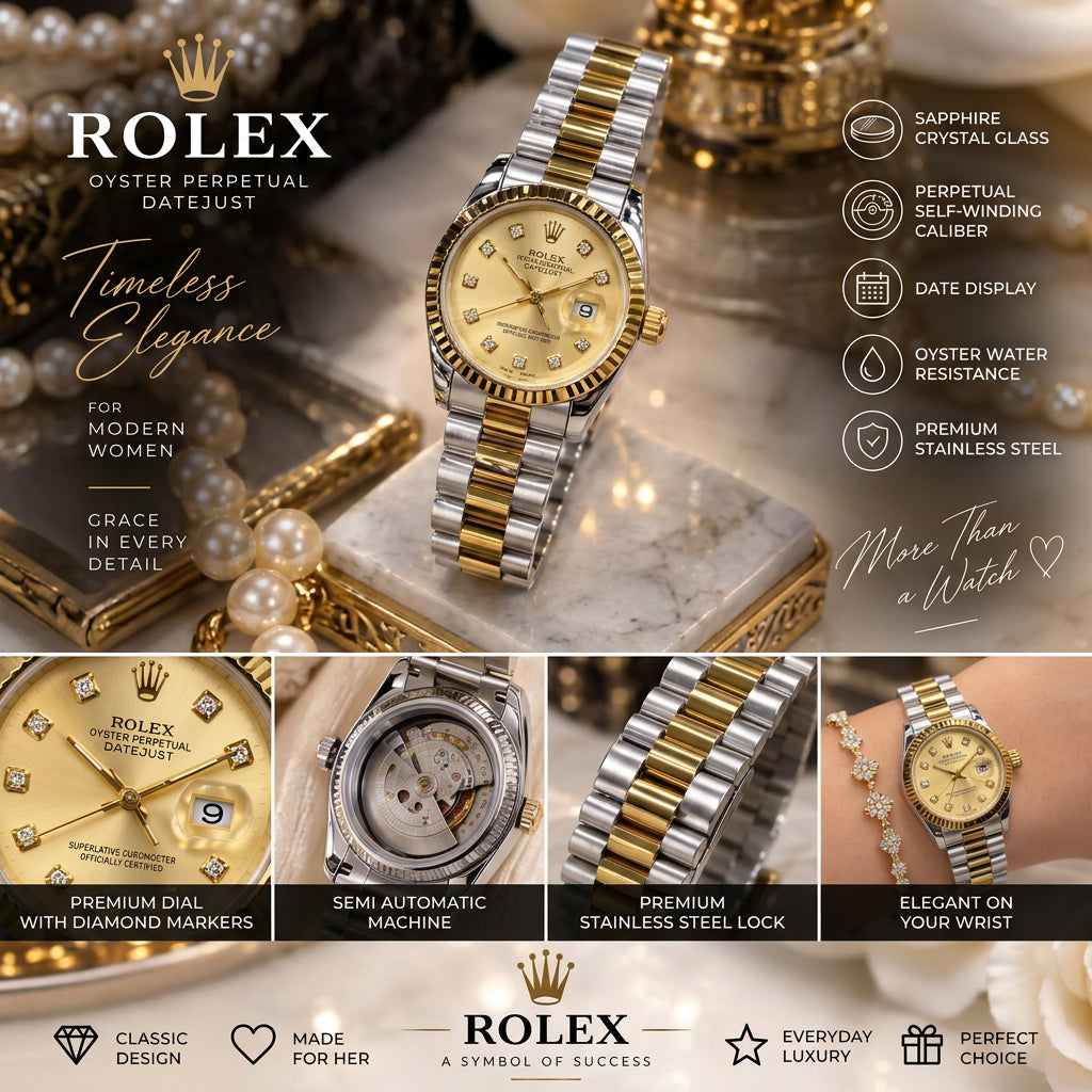 ROLEX Ladies Semi-Automatic Watch – Stone Dial, Date Display & Shiny Metal Chain - with Normal Boc