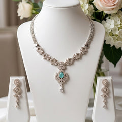 Silver-Toned Necklace Set with Gemstone Drop & Dangling Earrings