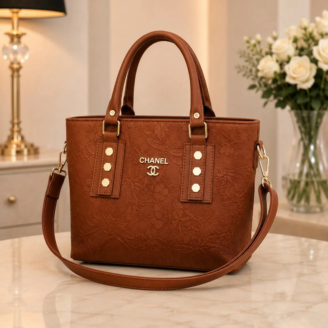 CHANEL Embossed Floral Leather Tote Handbag
