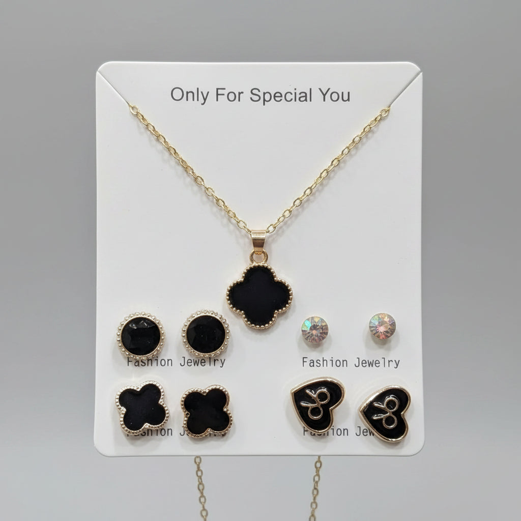 Black Clover Pendant Necklace with 4 Pairs Earrings Jewelry Set