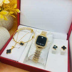 Luxury touch LED watch and black clover motif jewelry gift set