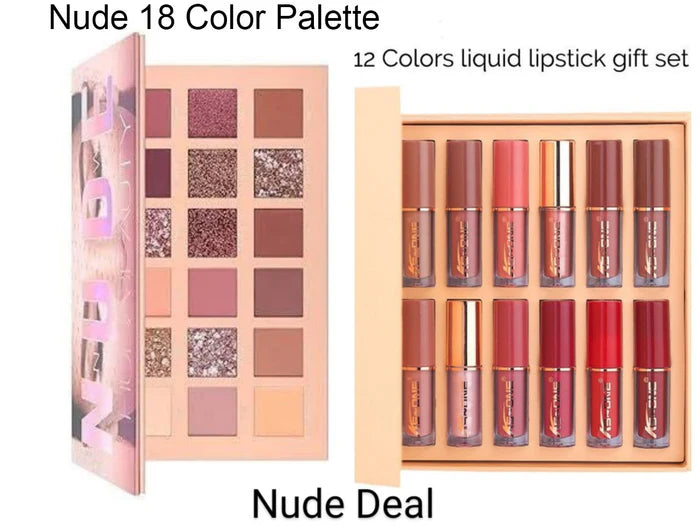2 In 1 Nude Deal 12 Pcs Matte Lipgloss Set + Nude Palette 18 Colors
