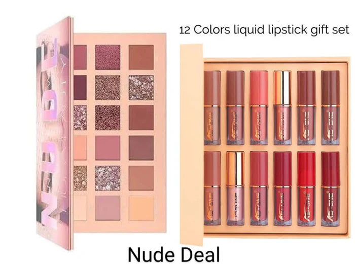 2 In 1 Nude Deal 12 Pcs Matte Lipgloss Set + Nude Palette 18 Colors