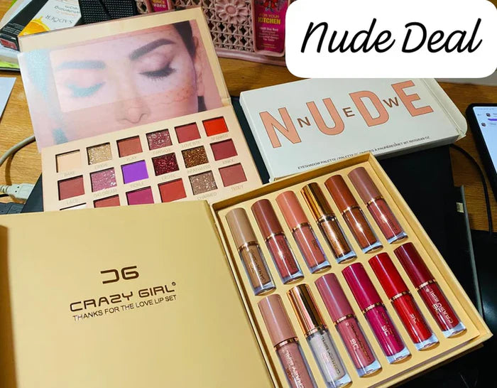 2 In 1 Nude Deal 12 Pcs Matte Lipgloss Set + Nude Palette 18 Colors