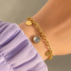 Stainless Steel Minimalist Gold Coin & Pearl Charm Anti-Tarnish Bracelet - Each