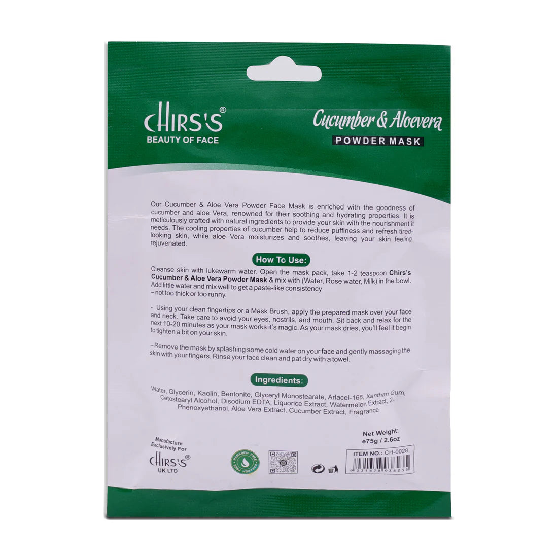 Chirs Cucumber & Aloevera Powder Mask - 75g