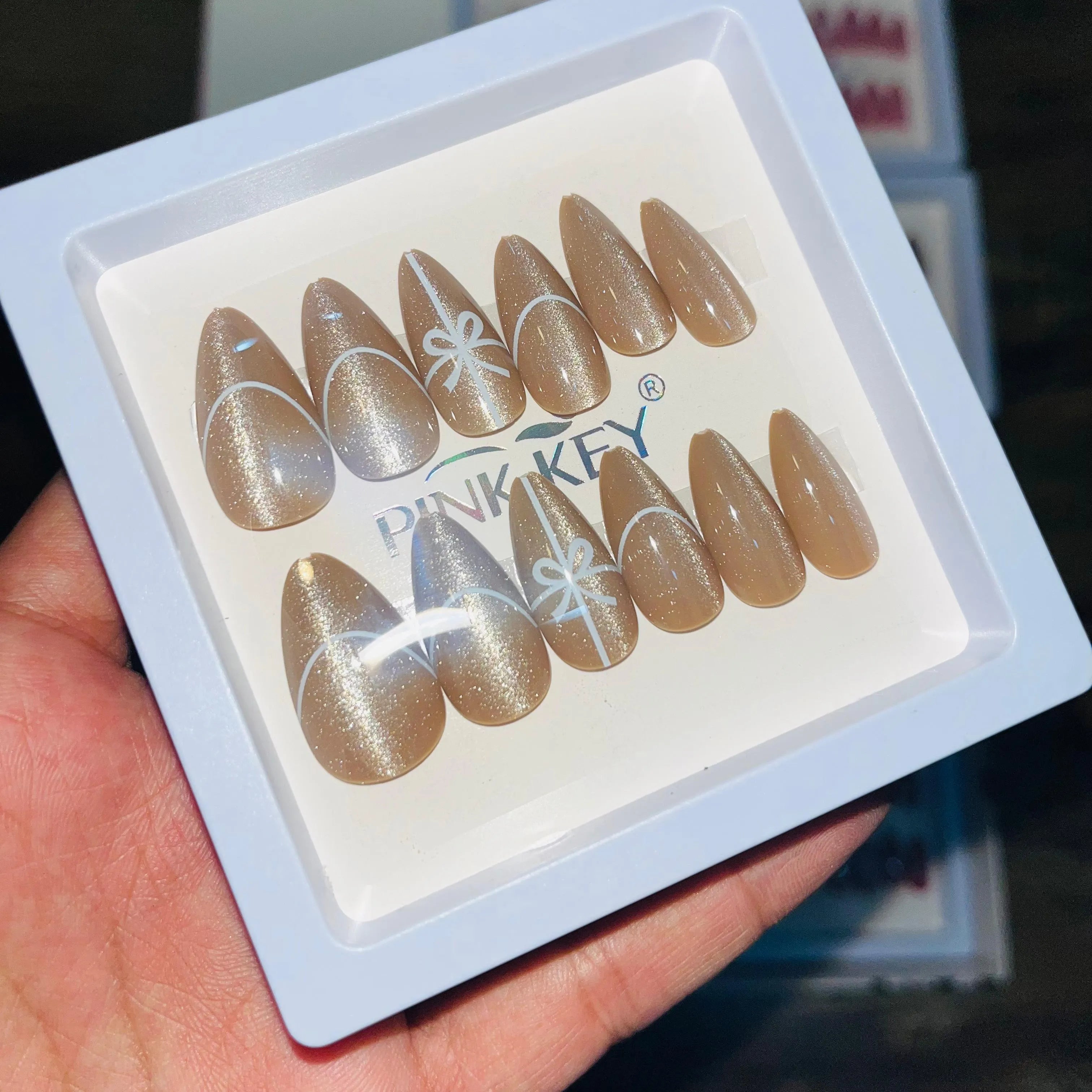 Pink key Stylish Cute Bow Salon Look Artifical Nails With Free Stickers (12 Pcs)