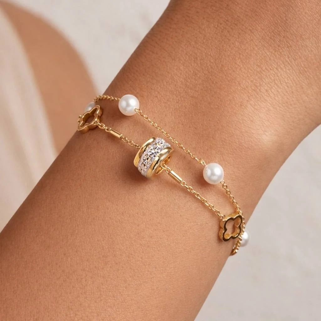 Gold Charm With Pearls Anti-Tarnish Bracelet For Women  - Each