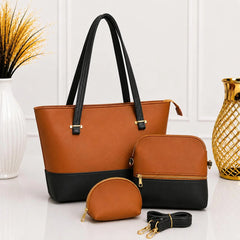 Dual Tone Leather Shoulder Tote Bag - 3 Piece Set