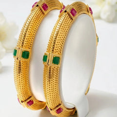 Red & Green Synthetic Stones Textured Bangles - 2 Pcs - Size 24