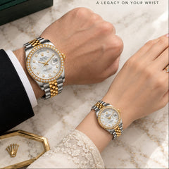 ROLEX Couple Watches Set – Arabic Dial, Day & Date Display, Steel Chain and Master Crown Lock