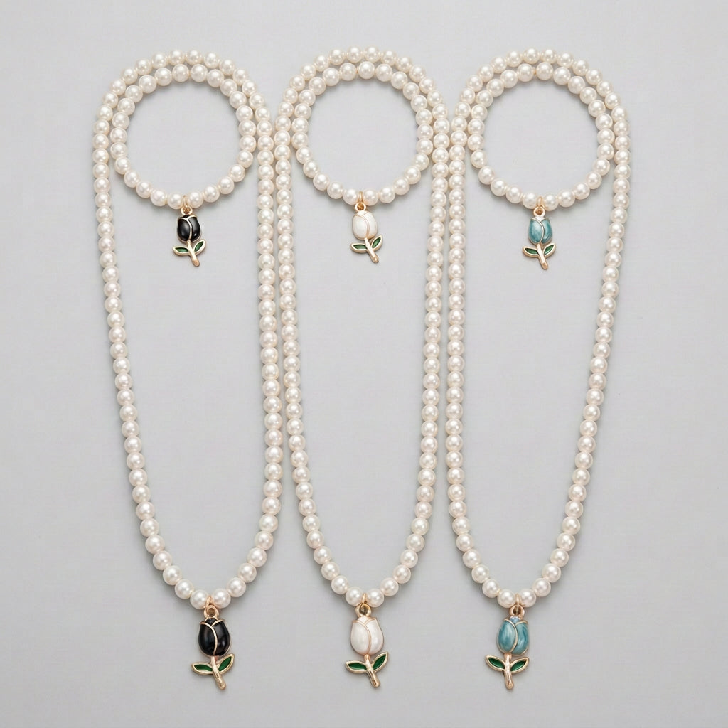 Enamel Tulip Pearl Necklace & Bracelet Set